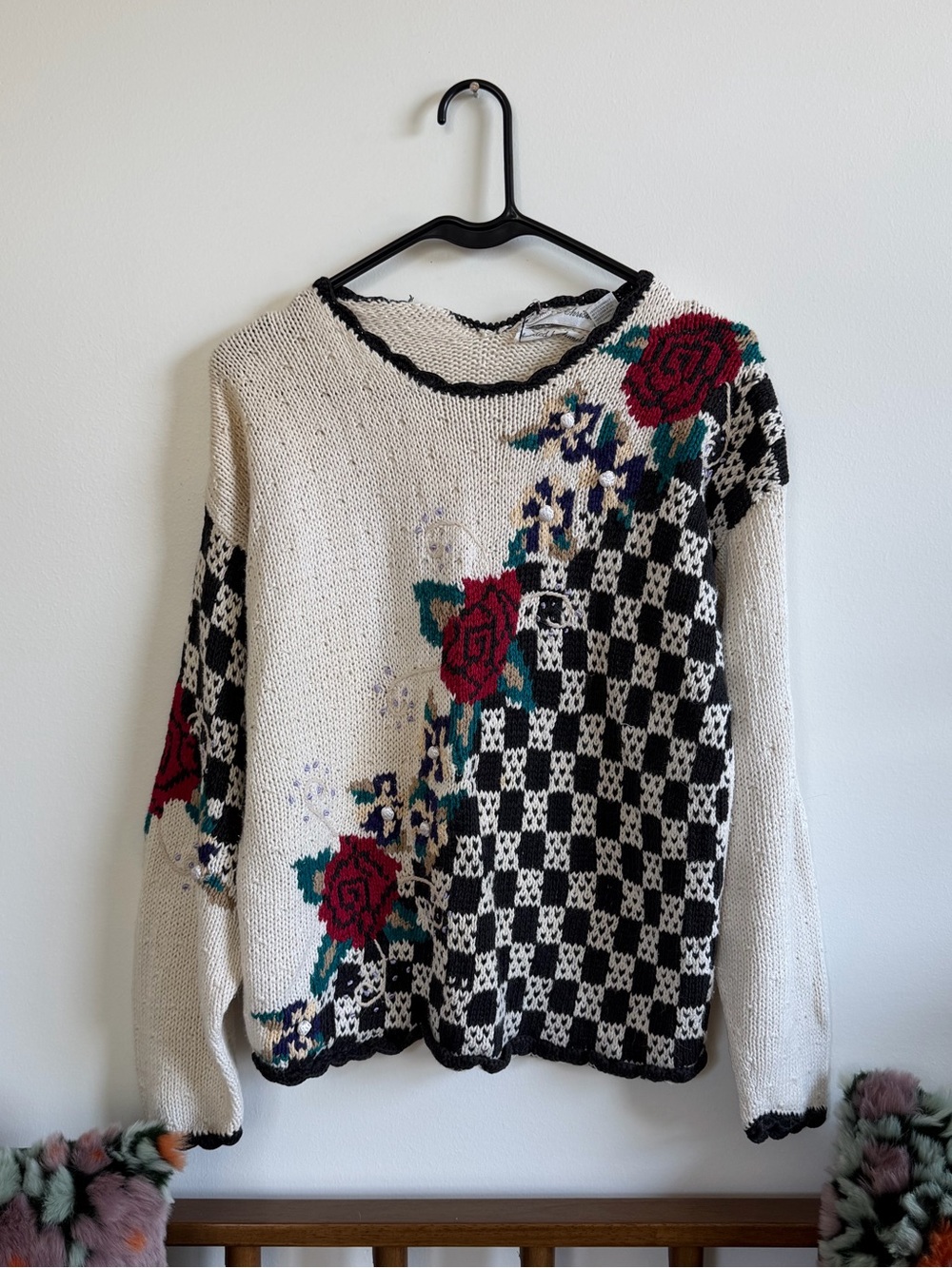 VINTAGE CHECKER + ROSE HAND KNIT SWEATER